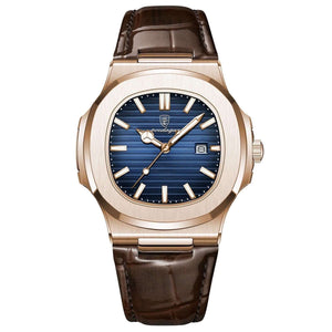 montre Regalia quartz acier inoxydable avec boîtier doré et bracelet en cuir marron, affichage de la date.