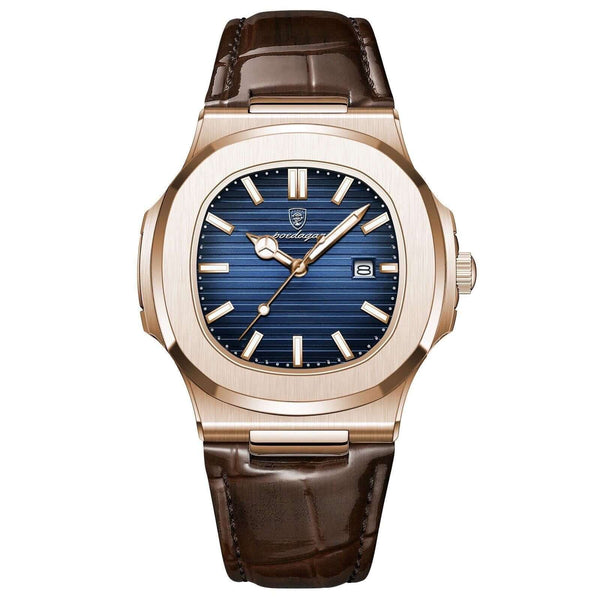 montre Regalia quartz acier inoxydable avec boîtier doré et bracelet en cuir marron, affichage de la date.
