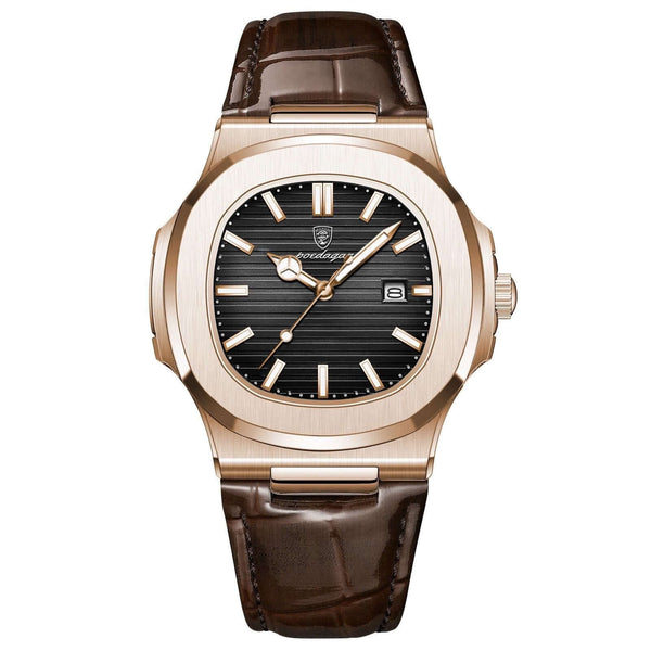 montre Regalia quartz acier inoxydable sur bracelet en cuir marron avec cadran noir et affichage de la date
